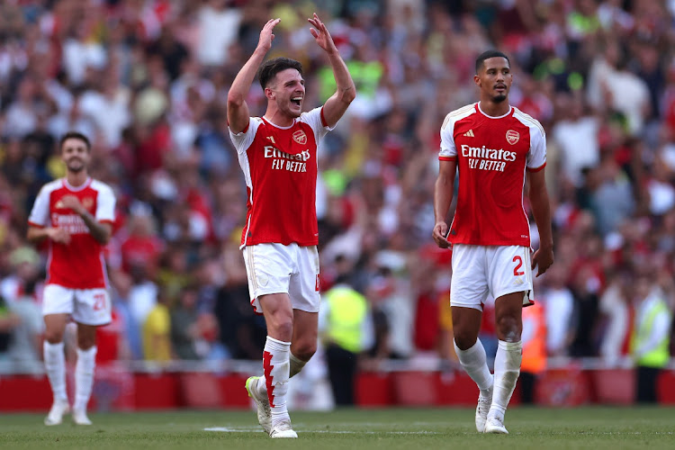 Declan Rice of Arsenal celebrates their third goal scored by Gabriel Jesus of Arsenal (not pictured) during the Premier League match between Arsenal FC and Manchester United at Emirates Stadium in London, England, September 3 2023. Picture: MICHAEL STEEL/GETTY IMAGES