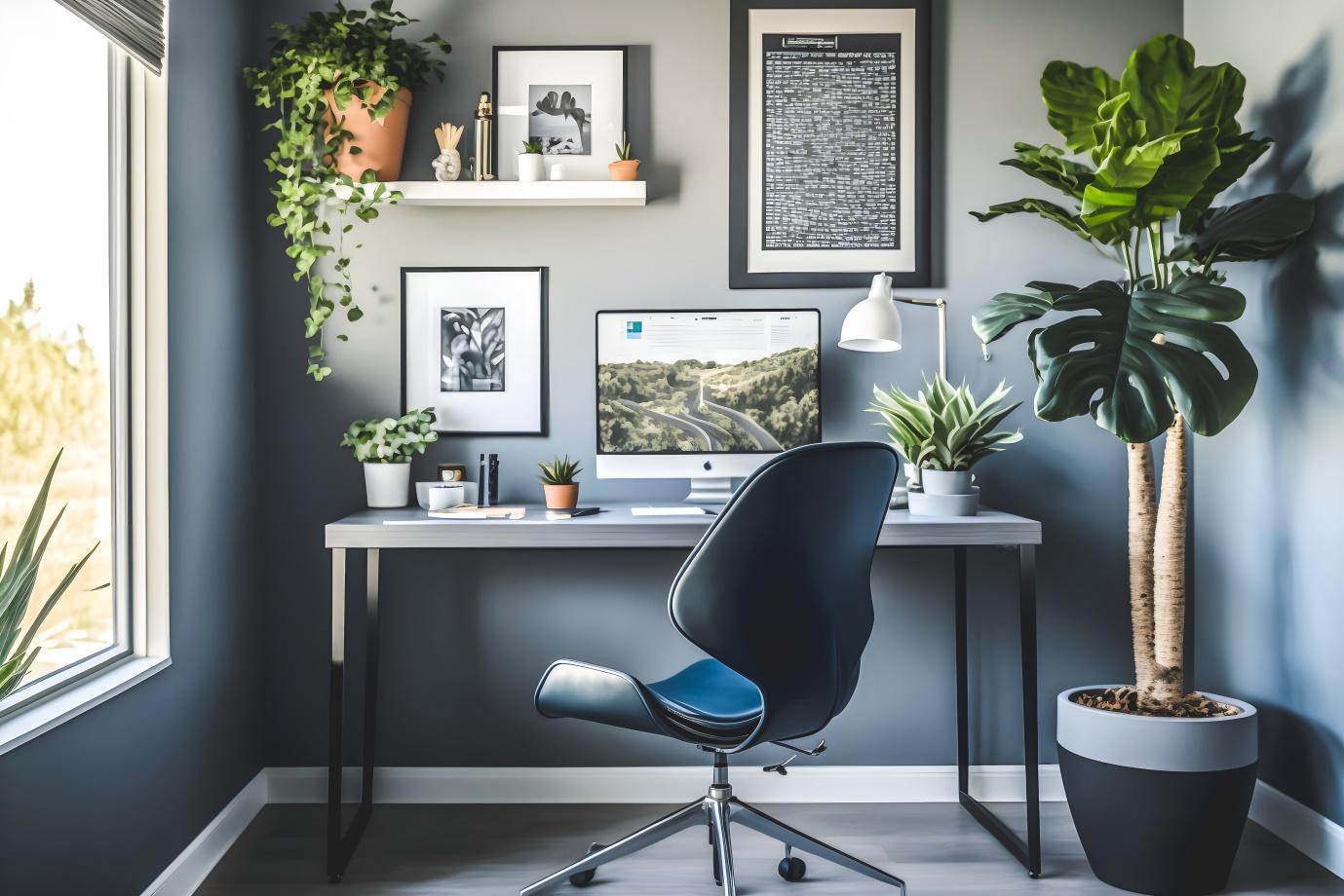 Home office design with indoor plant and desk plant.