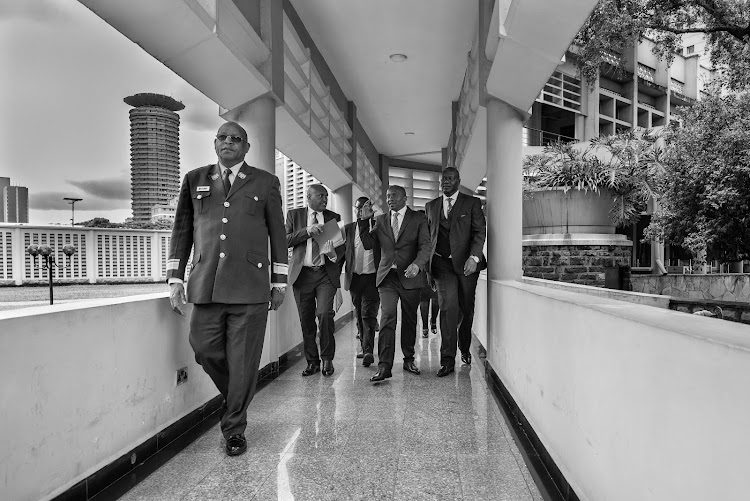 Interior CS Kithure Kindiki with Kisumu Senator Tom Ojienda after arriving at the Senate to answer to questions by Senators at the Plenary on May 8, 2024.