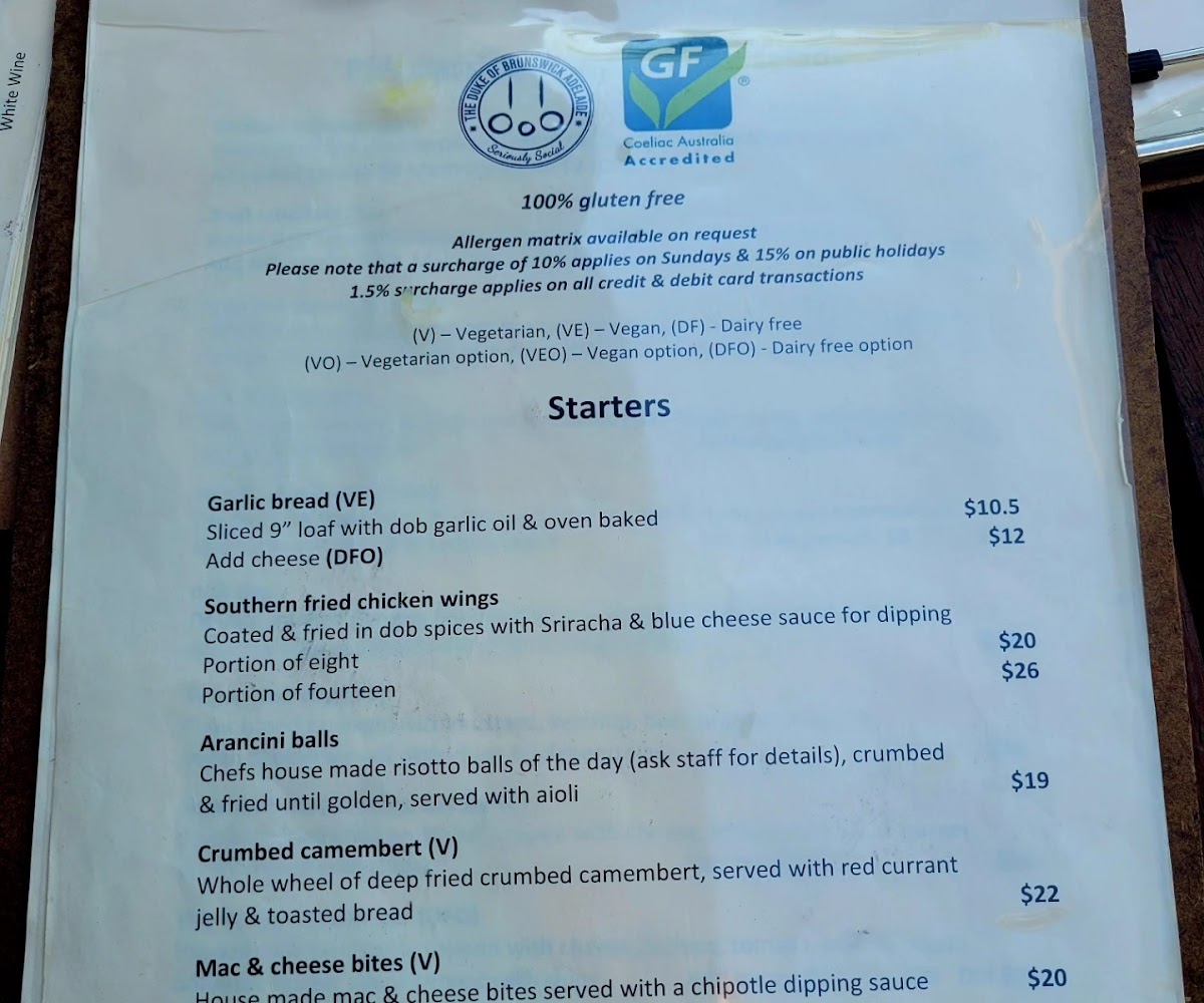 The Duke of Brunswick Hotel gluten-free menu