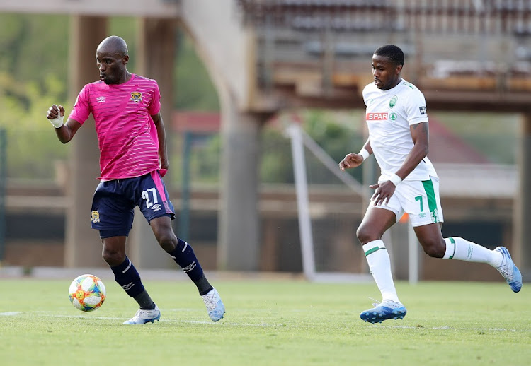 Robert Ngambi of Black Leopards challenged by Bonginkosi Ntuli of AmaZulu during the Absa Premiership match between AmaZulu FC and Black Leopards at Lucas Moripe Stadium on August 29, 2020 in Pretoria, South Africa.