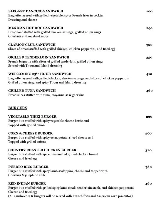 The Twenty Fifth Hour - Clarion Hotel menu 