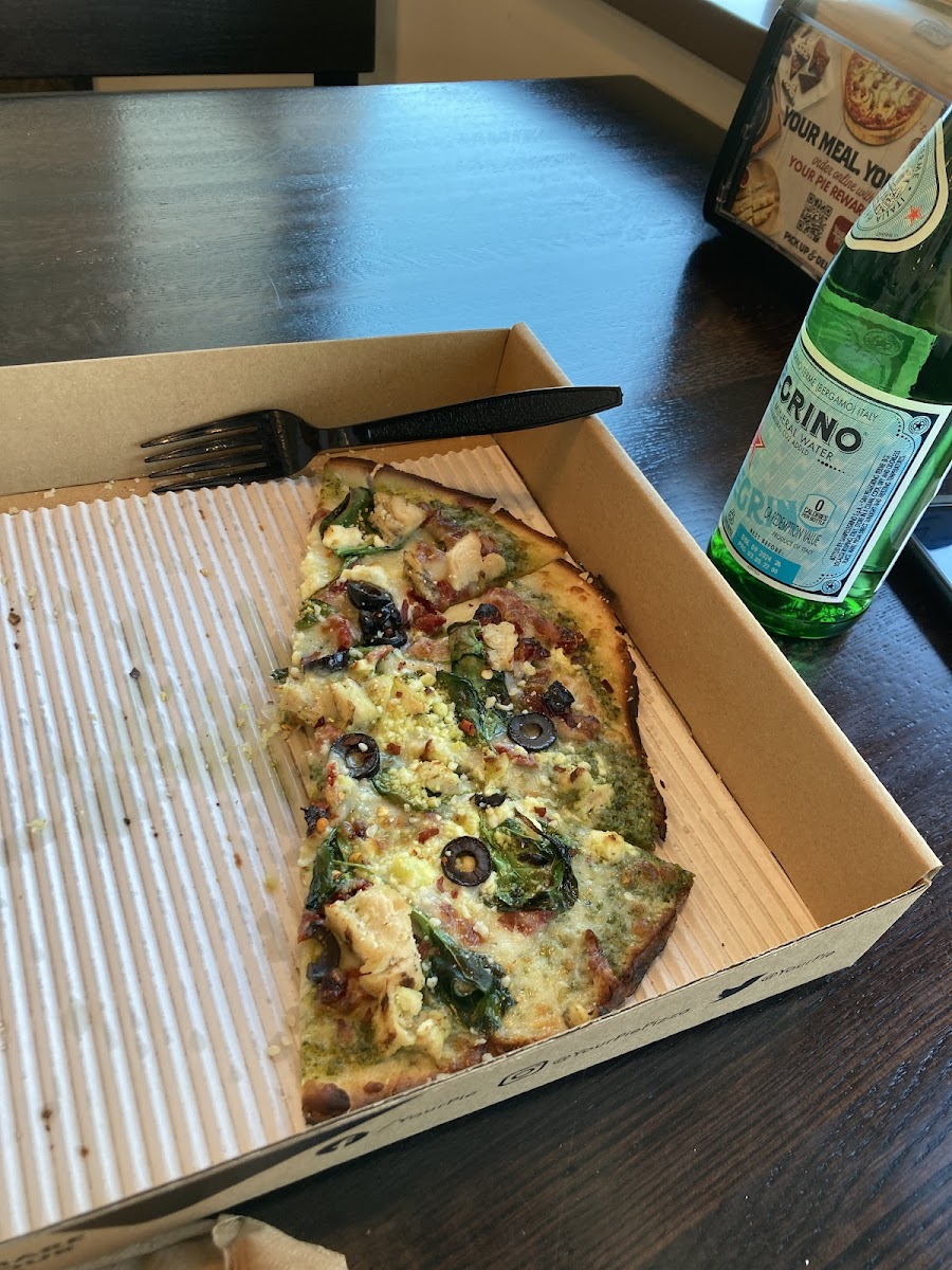 Gluten free pesto chicken pizza