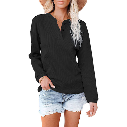 Title 5, V-neck Solid Color Long-sleeved Top T-shirt Women