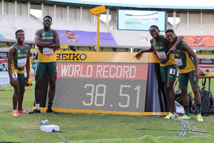 Mihlali Xhotyeni, Benjamin Richardson, Sinesipho Dambile (of Dimbaza) and Letlhogonolo Moleyane of Team SA broke the 4x100m U20 world record during day five of the World Athletics U20 Athletics Championships at the Kasarani International Stadium on August 22, 2021 Nairobi