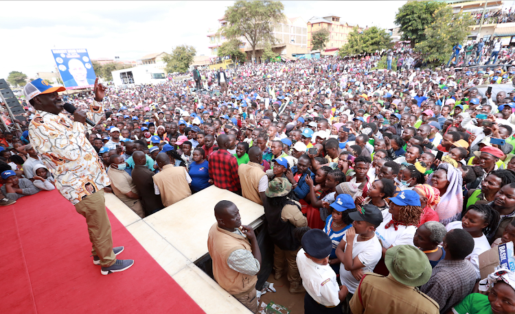 Azimio presidential candidate Raila Odinga in Matuu, Machakos county, on Sunday, June 12