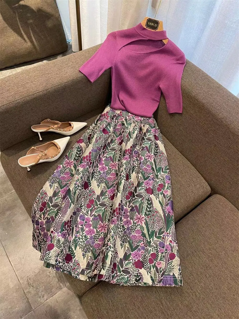 Title 6, Vintage jacquard geplooide puffrok met hoge tai...