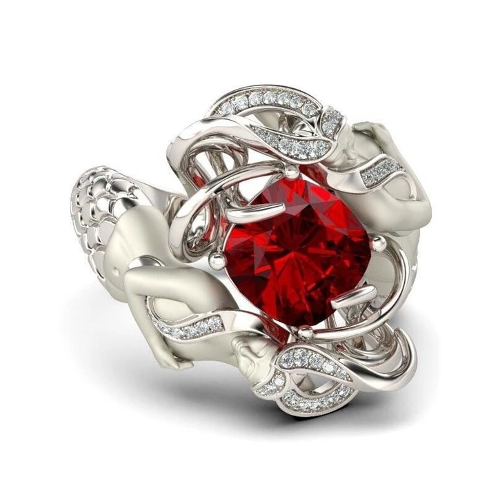 Luxe 925 Sterling Zilveren Ring met kussengeslepen Rode Natuurlijke Robijn, Zeemeermin Design, Dames Bruiloft Sieraden.