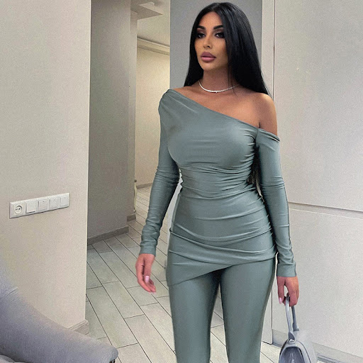 Title 2, Solid Color One-shoulder Cold-shoulder Long Sle...