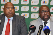 Sports Minister Thulas Nxesi (R) alongside Sascoc CEO Tubby Reddy (L) during the General Meeting media briefing at Olympic House on April 22, 2017 in Johannesburg, South Africa. 