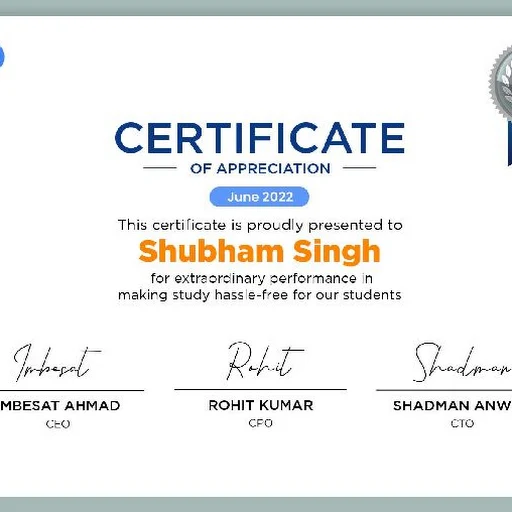Shubham Singh, Welcome! My name is Shubham Singh, a professional teacher with a degree in B-Tech from I.E.R.T. Allahabad. With a rating of 4.4, I have had the privilege of teaching countless students and have acquired several years of teaching experience. Trusted by 3460 users, my expertise lies in preparing students for various exams including the 10th Board Exam, 12th Commerce, and Olympiad Exams.

I specialize in delivering comprehensive lessons in Algebra 2, English, Geometry, Integrated Maths, Math 6, Math 7, Mathematics (Class 6 to 8 and 9 to 10), Mental Ability, Pre-Algebra, Pre-Calculus, Science (Class 6 to 8 and 9 to 10), Social Studies, and more. 

As an SEO optimised introduction, I am committed to tailoring lessons that cater to your individual needs, ensuring efficient learning and academic success. Whether you aim to improve your grades, gain a deeper understanding of key concepts, or prepare for upcoming exams, my teaching approach will empower you to reach your goals. I am fluent in both English and Hindi, ensuring effective communication and a comfortable learning environment.

Get started on your educational journey with me and experience the remarkable progress that arises from personalized guidance and support. Together, we will unlock your full potential and help you excel in your academic pursuits.
