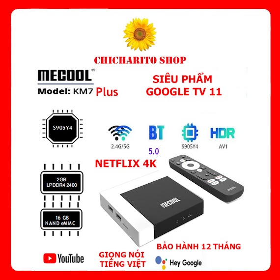 Android Tv Box Mecool Km7 Plus 2023 (Cpu S905Y4, Ddr4 2Gb, Rom 16Gb, Remote Giọng Nói, Netflix 4K)
