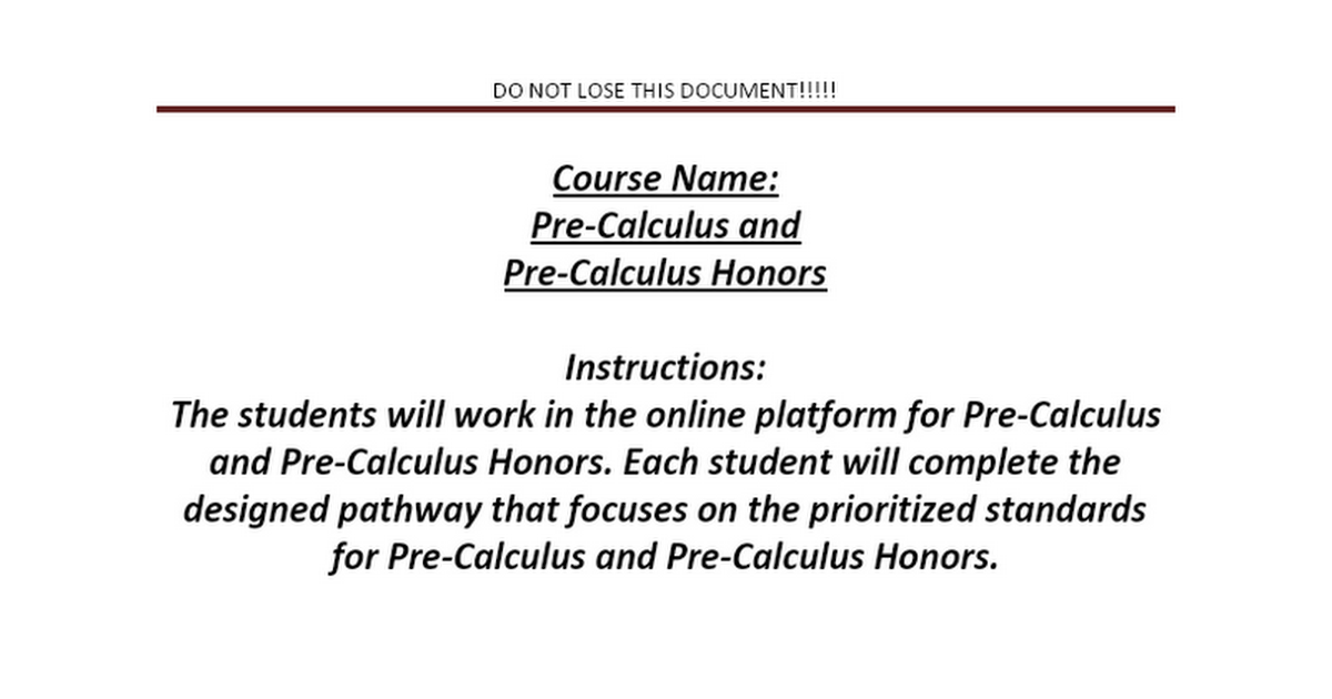 Digital Learning Day Instructions Pre-Calculus and Pre-Calculus Honors--2020