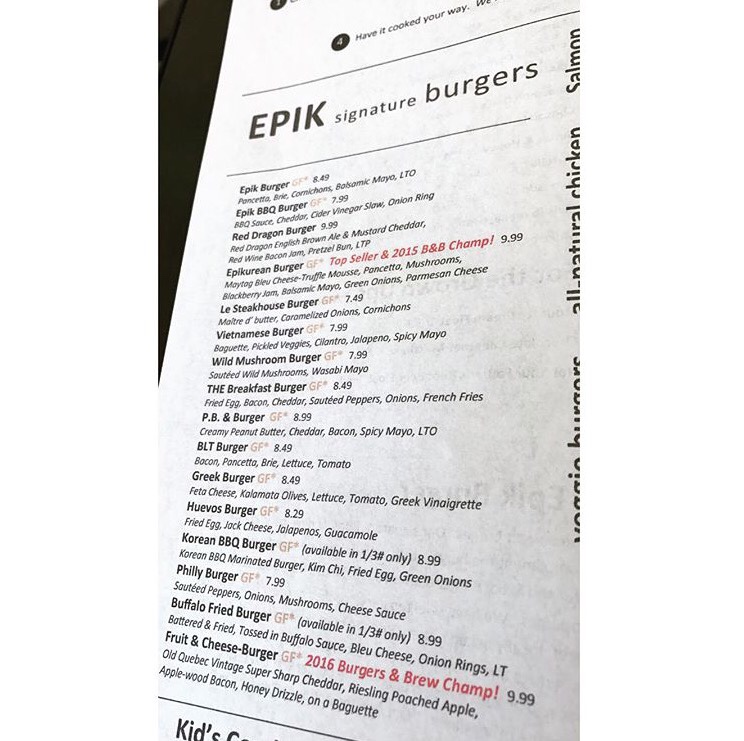 Epik Burger gluten-free menu