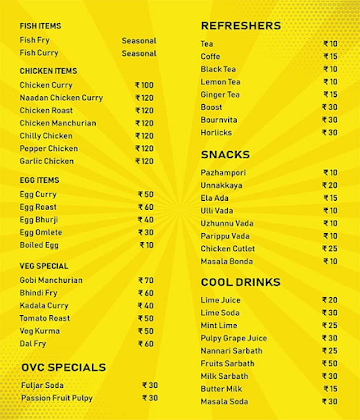 Oru Vadakkan Cafe menu 