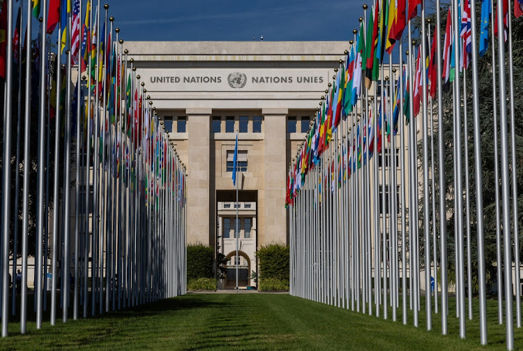 FILE PHOTO: The flag alley at the United Nations European headquarters is seen during the Human Rights Council in Geneva, Switzerland, September 11, 2023. REUTERS/Denis Balibouse/File Photo