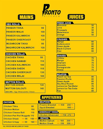 Prontos Kitchen menu 