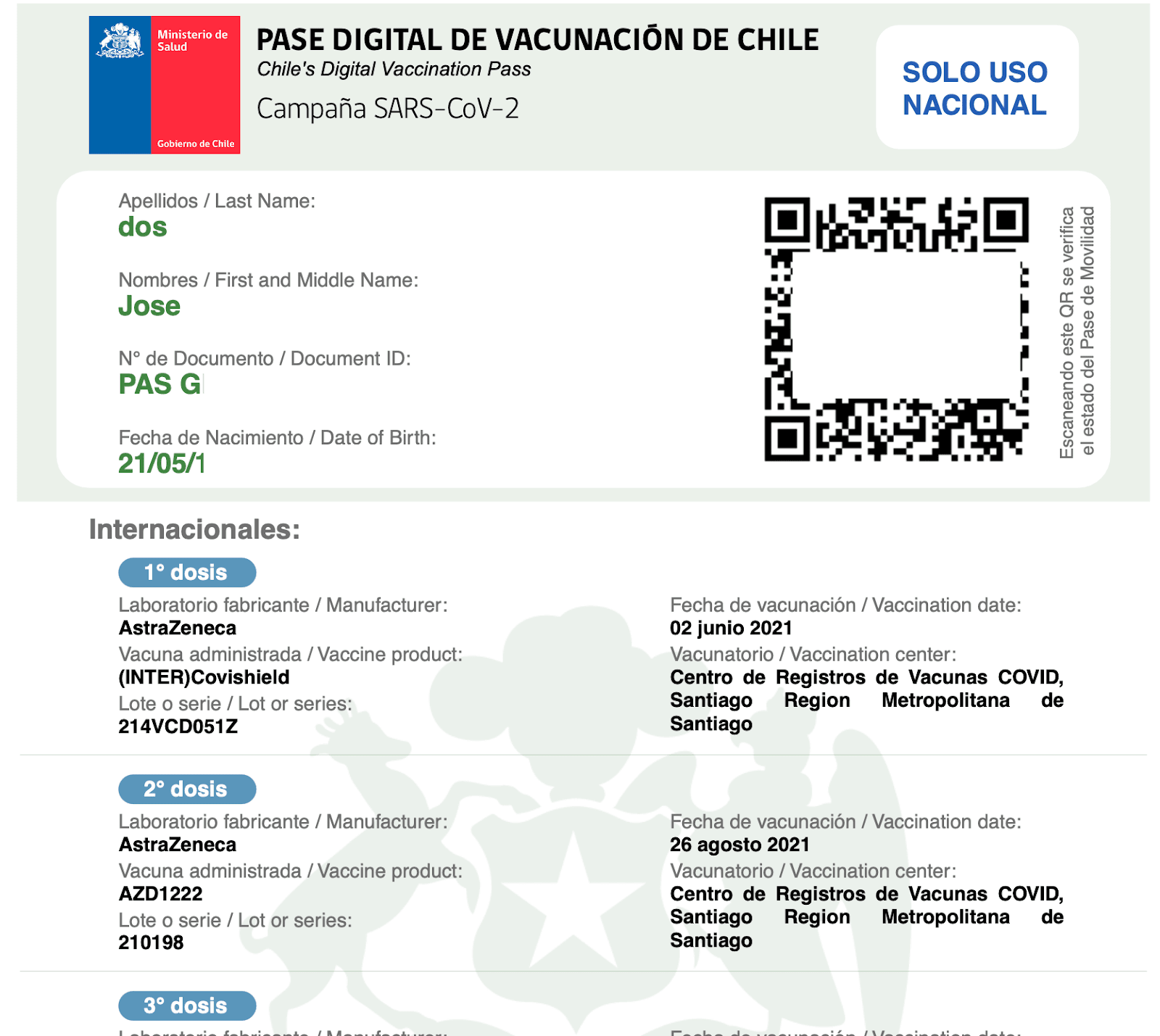 passe digital de mobilidade emitido  após a validação de vacinas no site me vacuno do governo do chile