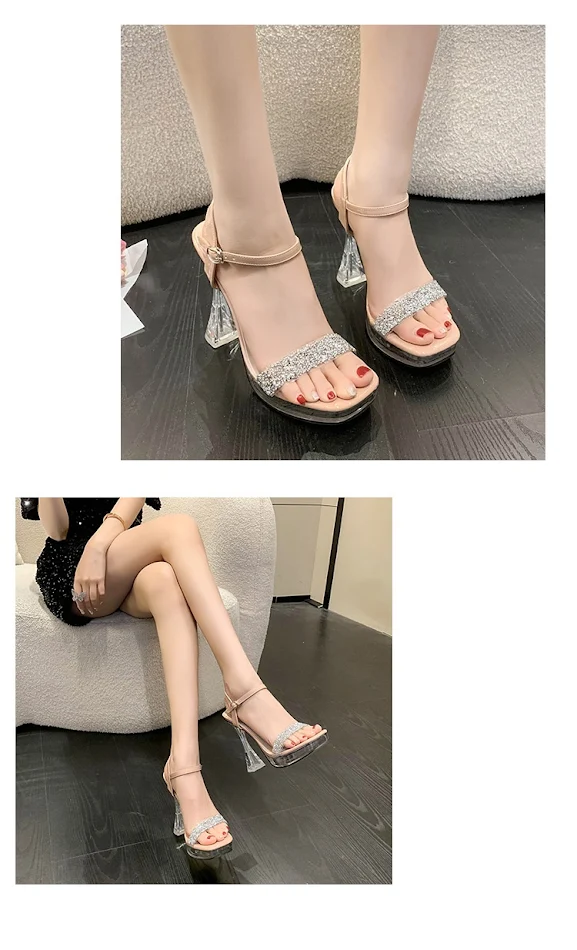 Sandalias casuales de tacón alto con hebilla y tiras transparentes, pedrería y tacón grueso, moda y comodidad superiores.
