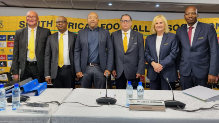 Safa held its first NEC meeting on Saturday at which it appointed new vice presidents and a technical director. Pictured from left: Bennet Bailey, vice president, CEO Tebogo Motlanthe, technical director Walter Steenbok, president Danny Jordaan, Natasha Tsichlas and Linda Zwane, both vice presidents. Picture: SUPPLIED