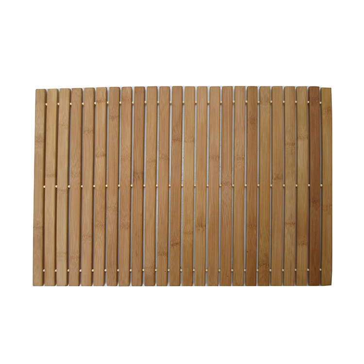 Non-slip striped wooden bathroom floor mat. Multifunctional bamboo bathroom mat for safety, comfort, and style. Perfect 