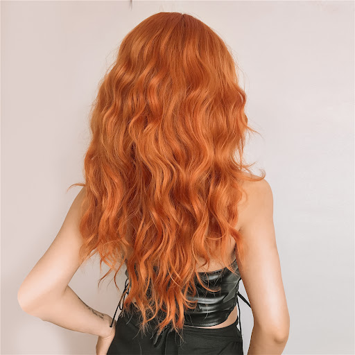 Title 4, Orange long curly hair wig with bangs. Instantl...