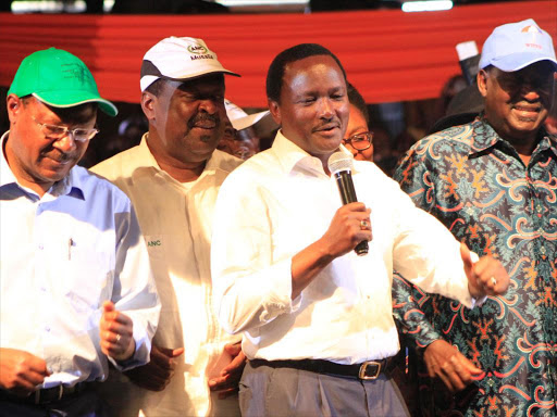 Opposition leaders Moses Wetangula (Ford Kenya), Musalia Mudavadi (Amani National Congress), Kalonzo Musyoka (Wiper) and Raila Odinga (ODM, Cord) durign their grand rally at Bomas of Kenya in Nairobi, January 11, 2017. /MONICAH MWANGI