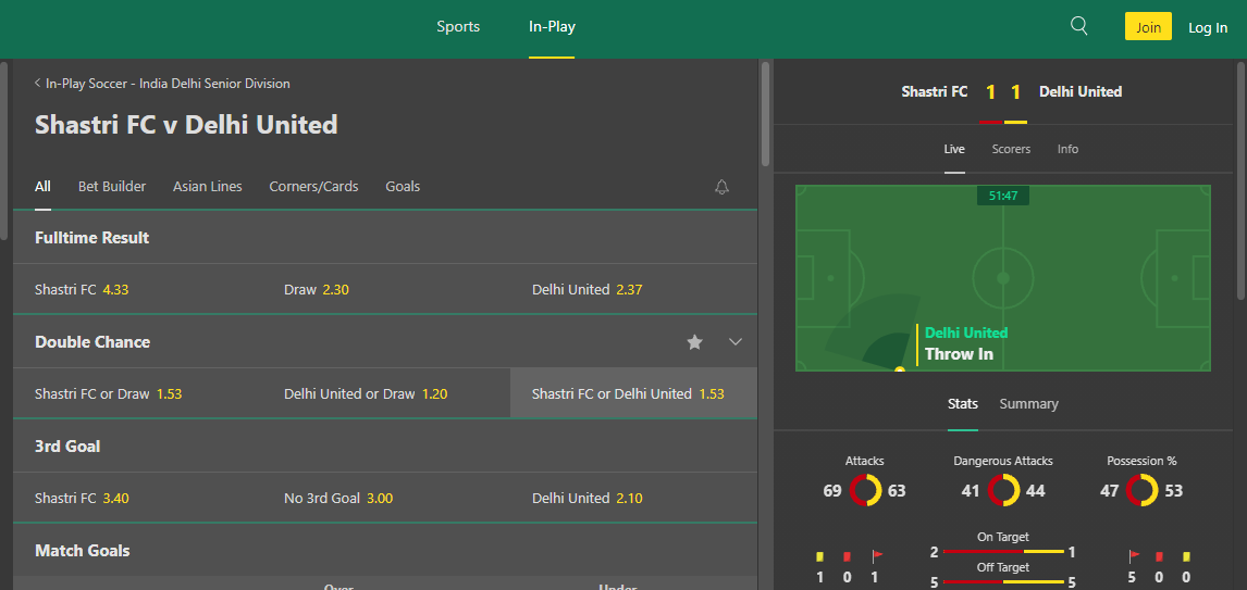 In-game betting interface on Bet365 on PC #3