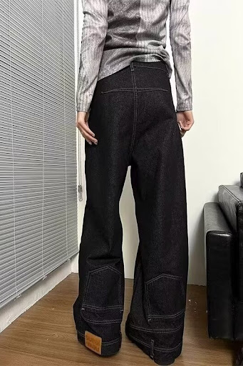 Title 5, Flip-down Waist Wide Leg Straight Jeans. Stylis...