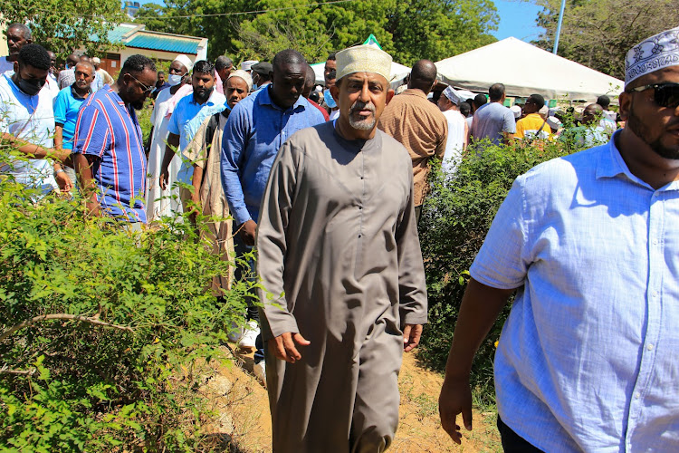 Mombasa businessman Suleian Shahbal at the Kikowani cemetery on Thursday during the burial of former Mombasa mayor Ahmed Mwidani.