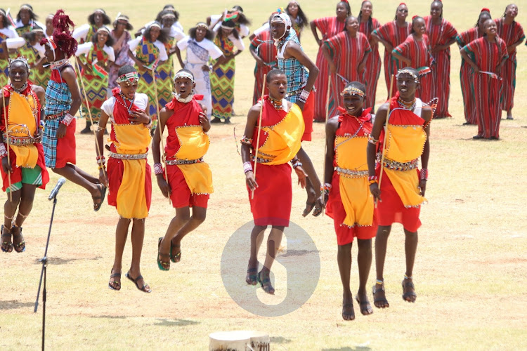 Young people in Maasai culture attires showcase their talents during Mashujaa day celebrations on Thursday, October 20, 2022.