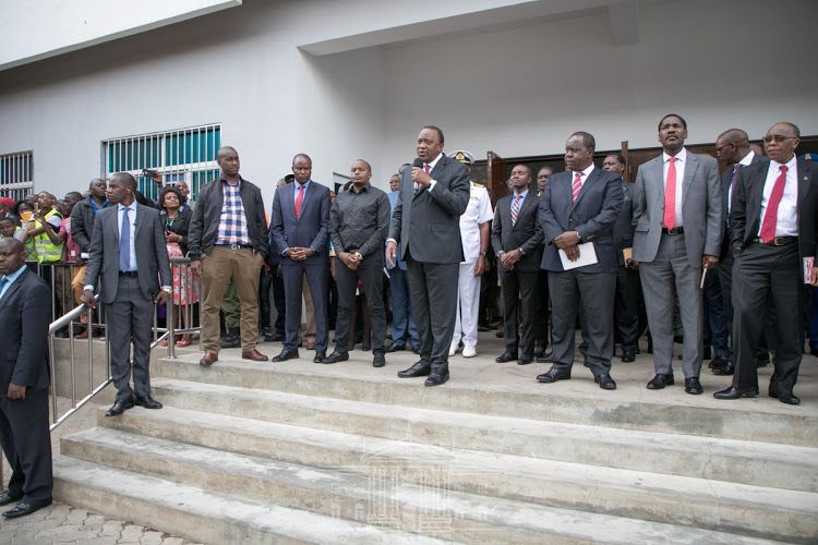 President Uhuru Kenyatta, Interior CS Fred Matiang'i, Trade CS Peter Munya and Head of Public Service Joseph Kinyua at Embakasi ICD on Monday, May 27, 2019.