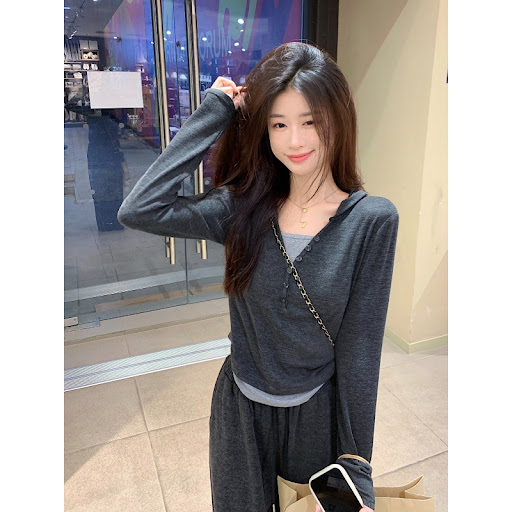Title 10, Fake Two Pieces Leisure Stitching Hooded Long-s...