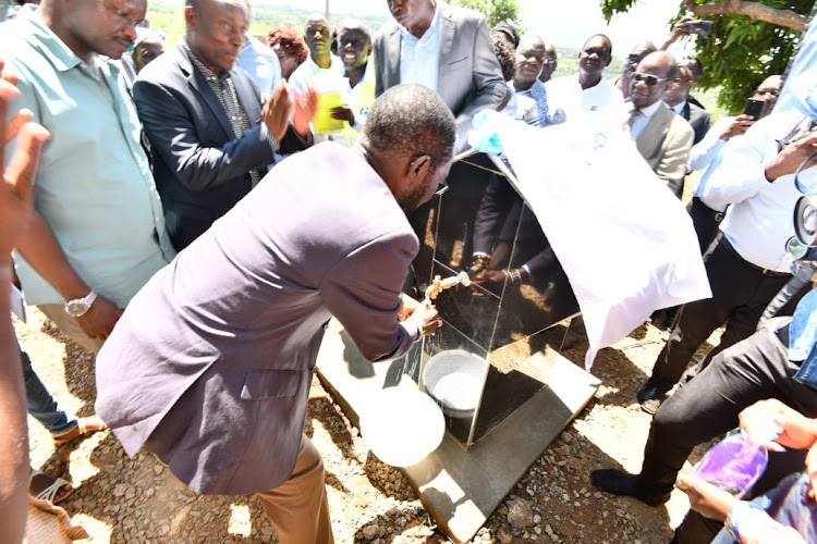 Kisumu Governor Anyang Nyong'o during the launch of Sh112 million water project in Riat on Friday