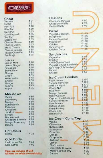 Adyar Bakery menu 