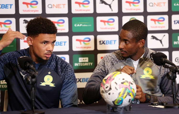 Rhulani Mokwena, Head coach of Mamelodi Sundowns with Ronwen Williams of Mamelodi Sundowns during the CAF Champions League 2023/24 Semifinals 2nd leg Mamelodi Sundowns Press Conference at the Loftus Stadium.