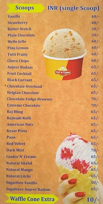 Top 'N Town Ice Cream menu 