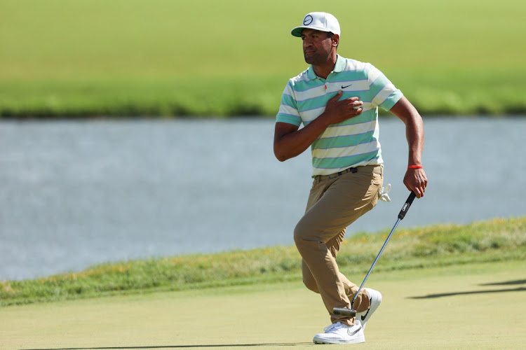 Tony Finau reacts after saving par on the 17th hole during the final round of the 3M Open golf tournament on July 24 2022. Picture: Matt Krohn-USA TODAY Sports