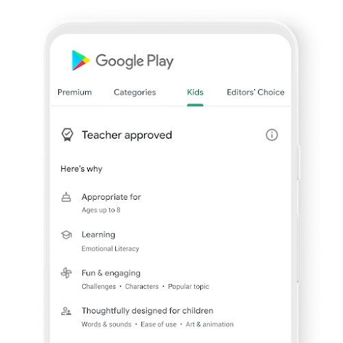 Ein Smartphone, auf dem der Google Play-Tab für Kinder mit von pädagogischen Fachkräften genehmigten Inhalten zu sehen ist