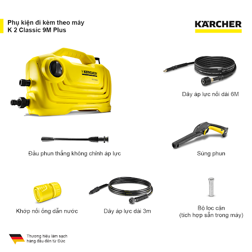 Máy xịt rửa xe 1400W Karcher K2 CLASSIC 9M PLUS, máy rửa xe cao áp 110 Bar kèm dây xịt 9m và phụ kiện Karcher