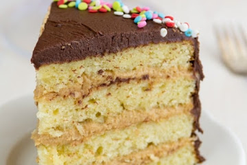 Perfect Yellow Cake with Chocolate Frosting and Peanut Butter Filling