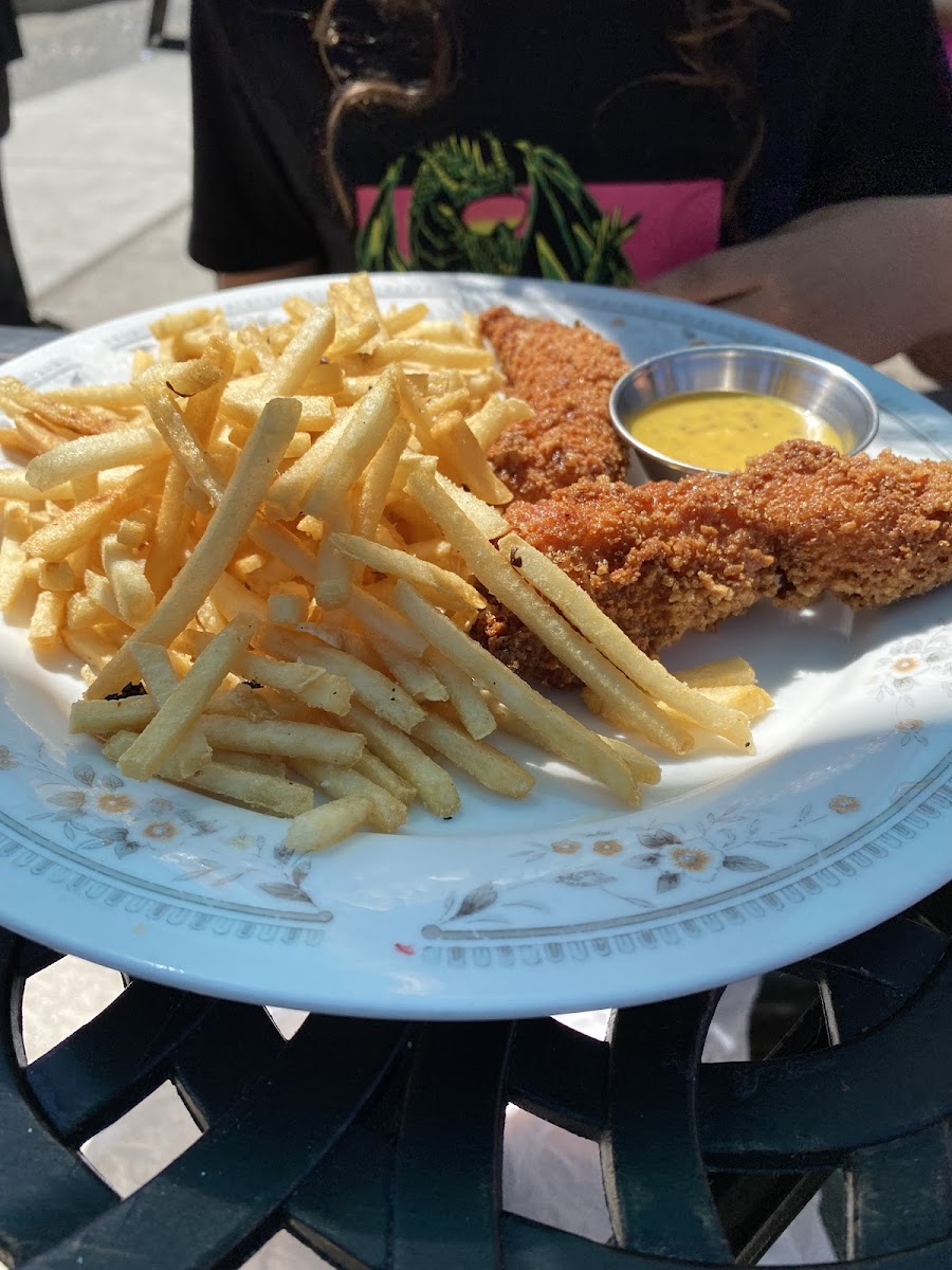 Kid's chicken strip and fries meal with honey mustard