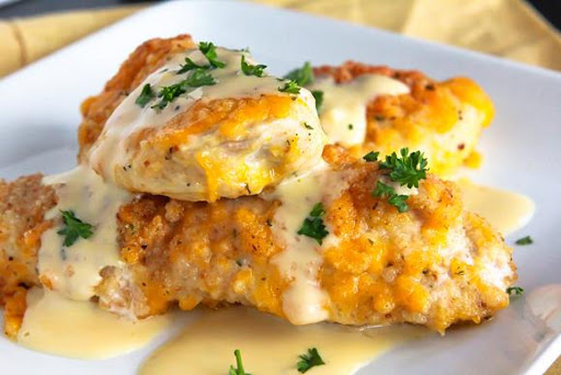 Cheddar Crusted Baked Chicken
You will never fry chicken again - served with a delicious sauce.