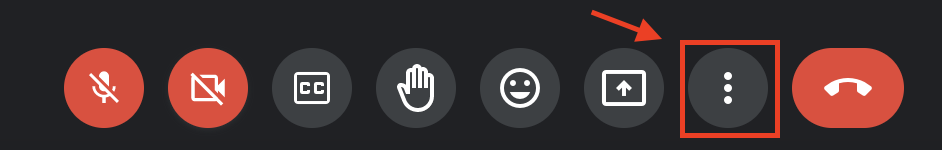 Google Meet bottom screen menu with arrow pointing at three vertical dot button.