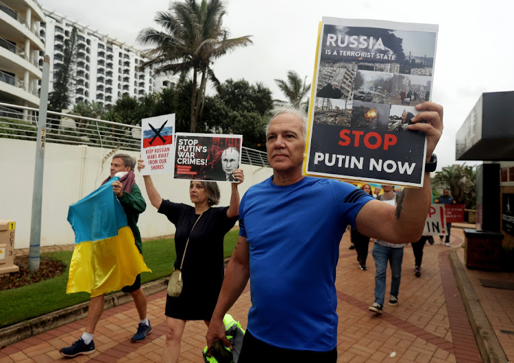 Ukrainian and South African citizens at the Umhlanga beach promenade on February 18 2023 to protest against multilateral maritime exercises.