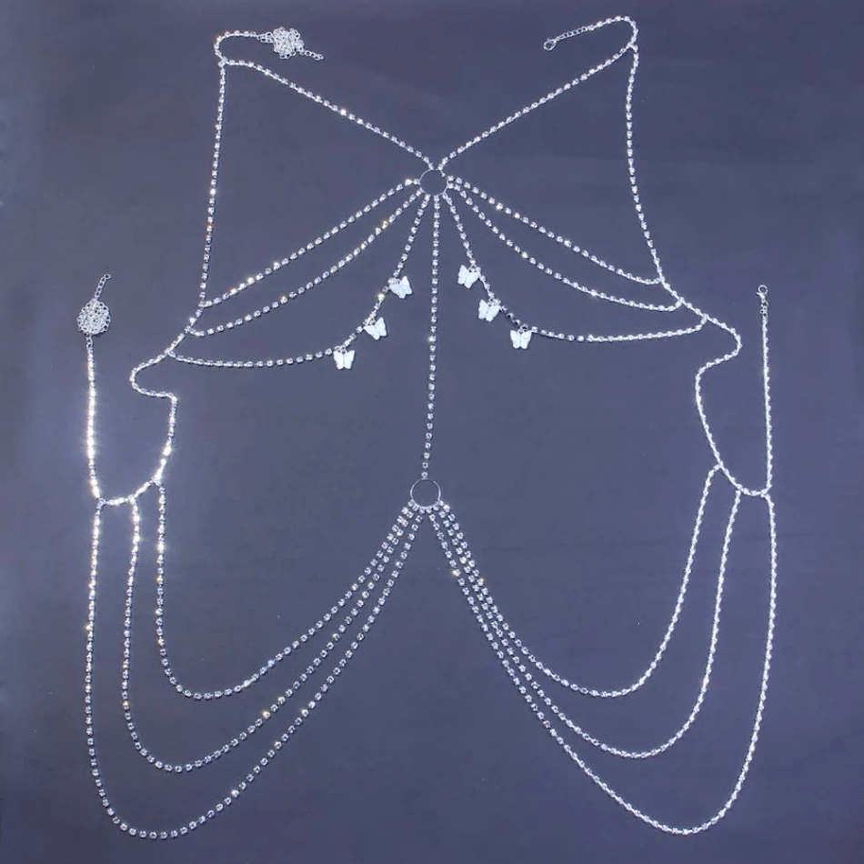 Nova corrente corporal sexy europeia e americana com borboleta e strass multicamadas, perfeita para um look deslumbrante e sensual.