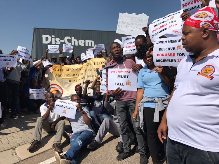 Picket protest by workers affiliated to the National Union of Public Service and Allied Workers (Nupsaw) outside Dis-Chem's warehouse in Midrand.