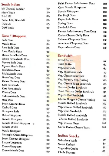 Sai Raj menu 