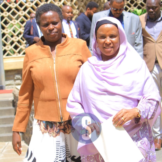 Laikipia North Mp Sarah Korere with Isiolo senator Fatuma Dullo arrive in parliament for a press conference on Thursday, November 10, 2022.