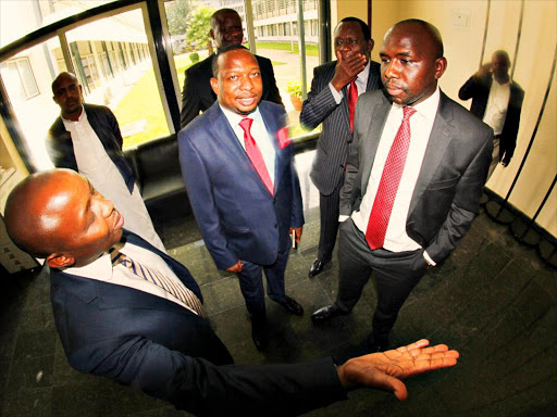 EALA MP Simon Mbugua, Nairobi Governor Mike Sonko, MP Mpuru Aburi and Elgeyo Marakwet Senator Kipchumba Murkomen in Arusha, Tanzania, on December 20,2017 / JOHN CHESOLI